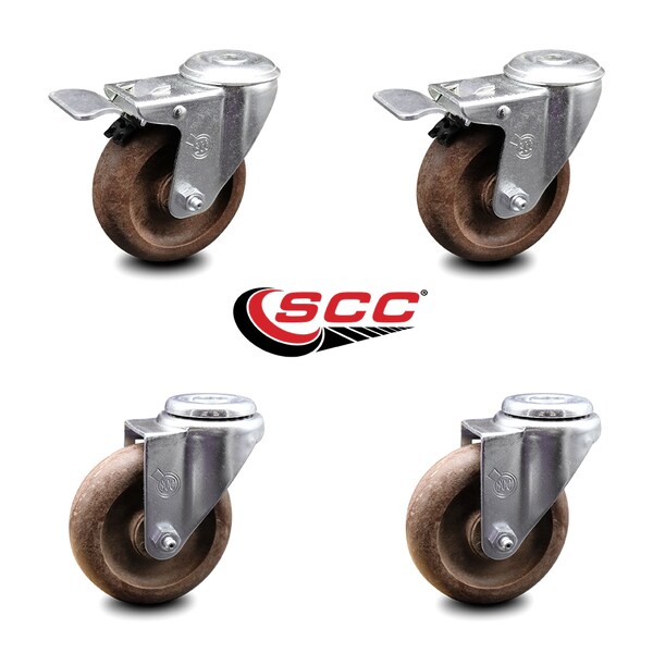 4 Inch High Temp Glass Filled Nylon Bolt Hole Caster Set with 2 Total Lock Brake